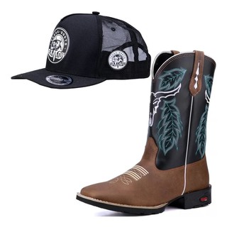 Bota Country Masculina Em Couro Bico Quadrado Texana e Bone
