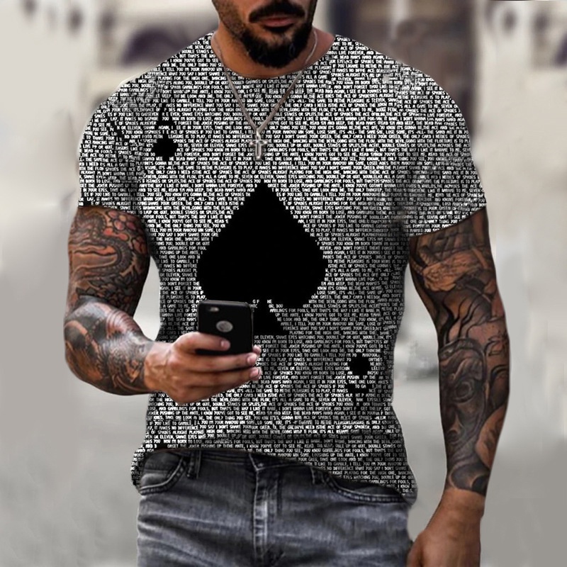 Camiseta Masculina De Verão Manga Curta 3D Spades Poker Padrão De