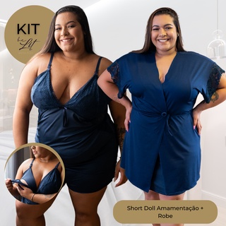 KIT 2 Peças - Robe e Short Doll Amamentação Plus Size 50 52 54 56 58  Confortável com Renda Pós-parto Gestante Maternidade Pijama Roupa de Dormir  BeLIT MODAS