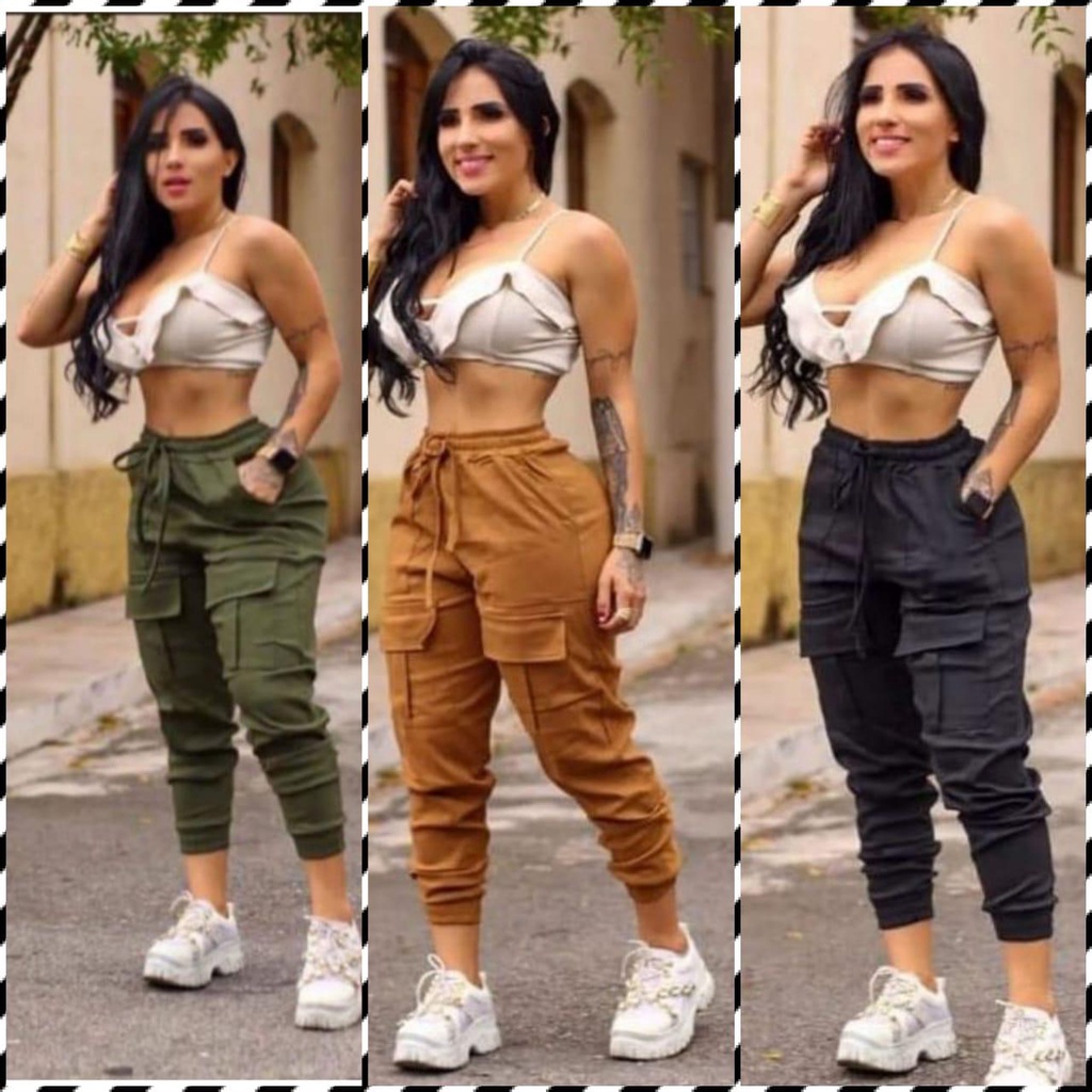 Calça Feminina Jogger Bengaline Cargo Militar Com Bolso e Elástico