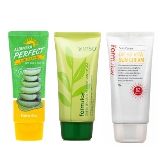 farmstay aloe vera perfect, dr-v8 vita, green tea seed moisture sun cream 70g