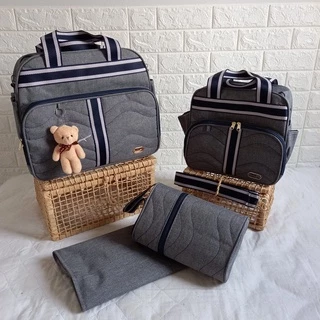 Enxoval Bebe Nene Menino Bolsa Mala Saida Maternidade Cinza Faixa Azul Branco