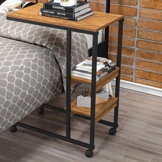 Mesa Auxiliar para Sofá Cama com Rodízios e Prateleiras Fit Canela Rústico com Preto.