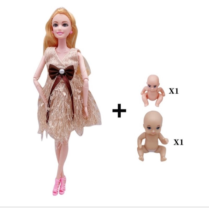 Boneca Estilo Barbie Grávida Articulada + 3 bebês!