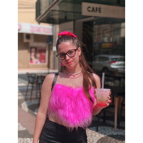 Cropped Pelinho Rosa Pink Top Pelúcia Peludinho Cropped Pelos