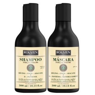 SHAMPOO + MÁSCARA FORÇA E VOLUME - Auxilia no forlatecimento capilar e crescimento saudavel dos fios - ROUSTEN PROFISSIONAL. 3 óleos naturais e tonificantes (Rícino, Abacate e Coco.)