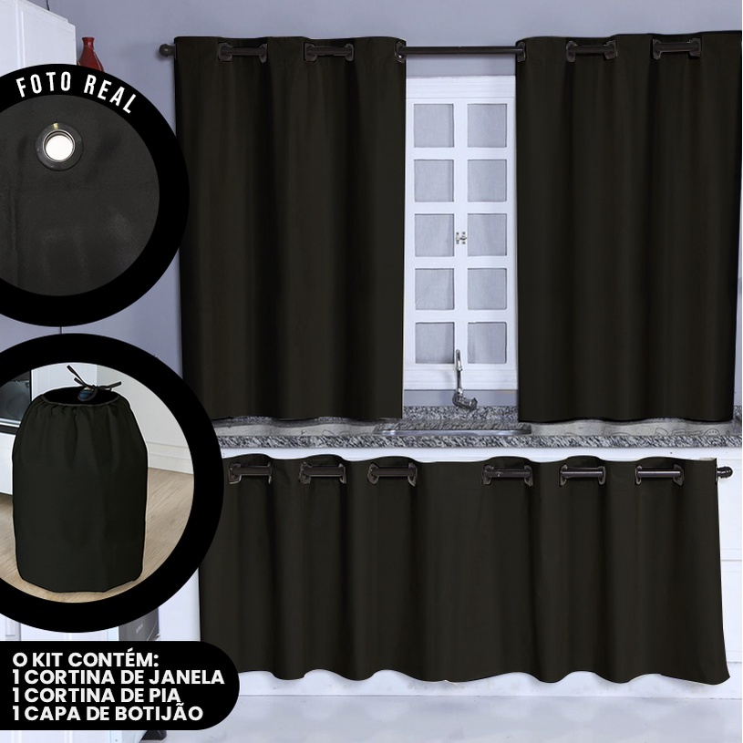 Kit Cozinha Lisa - Cortina de Pia, de Janela e Capa de Botijão