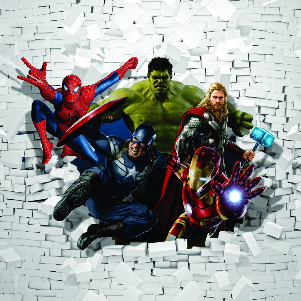 Adesivo papel de parede 3x3M HERÓIS MARVEL VINGADORES 3D / Homem Aranha ...