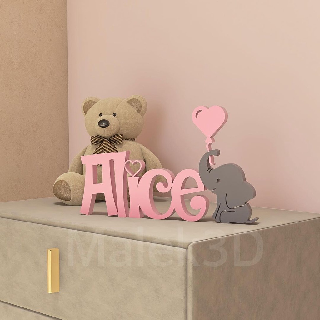 Enfeite de Mesa - Decoração Letreiro Personalizado Simples + Elefante