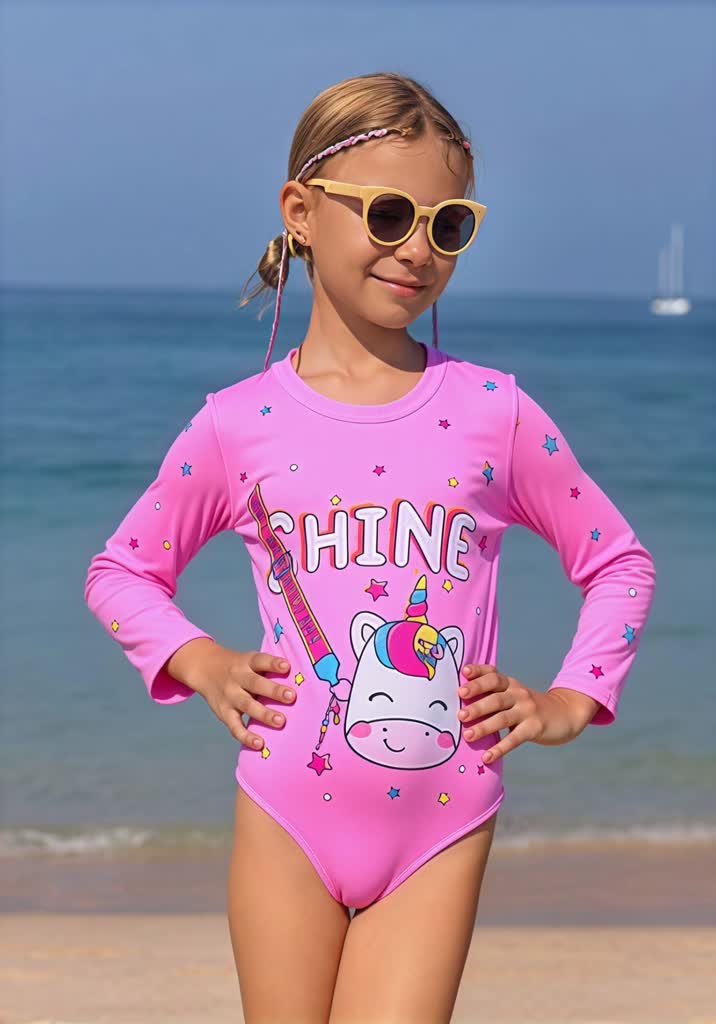 RWX VEST Maiô Infantil com Estampa de Unicórnio e Manga Longa 2025 b3619