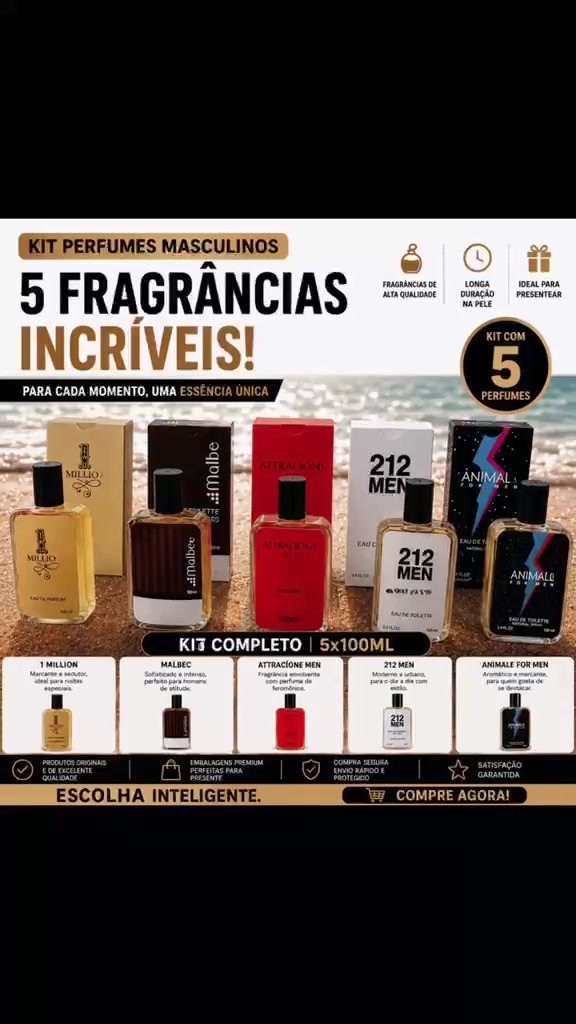 Kit 5 Perfumes Masculinos 100ml | Fragrâncias Variadas de Alta Fixação | Ideal para Present