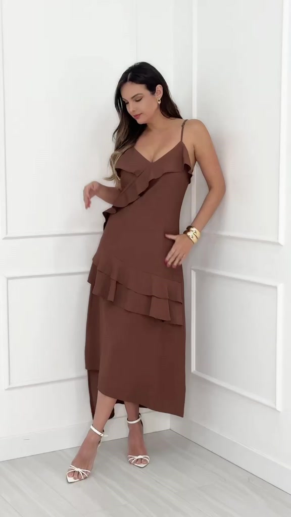 YAN FASHION Vestido Longo Marrant com Babado Alça Fina Elegante Fluido Verão Moda Feminina