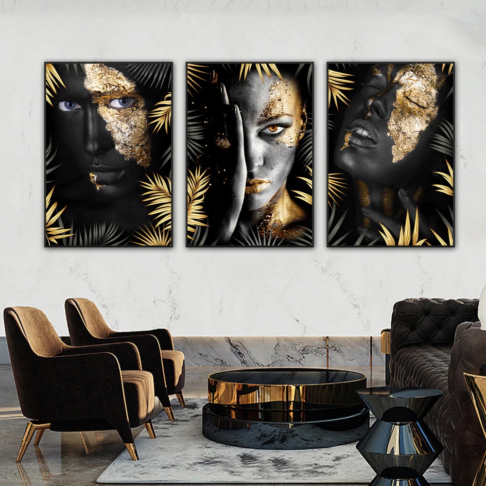 Quadro Decorativo 3 Peças 40x60 3mm Africanas As Mulheres Com Folhas De Ouro Preto Decoração 8955