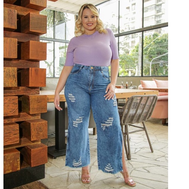 Calça jeans Wide leg destroyed feminina Plus Size- TAMANHOS GRANDES 48, 50,  52, 54, 56, 58 E 60.