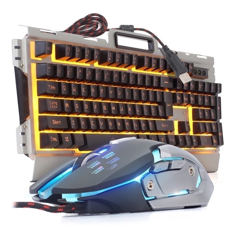 Kit Teclado Mecânico E Mouse Gamer LED RGB Em Metal ABNT BR Apoio Para Celular - BK-G3000