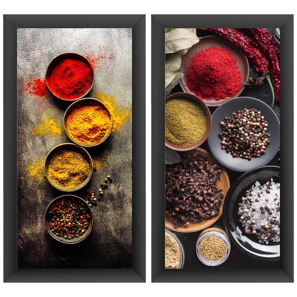 Kit 2 Quadros Decorativos Temperos Comidas Cozinha Moldura 43x23cm