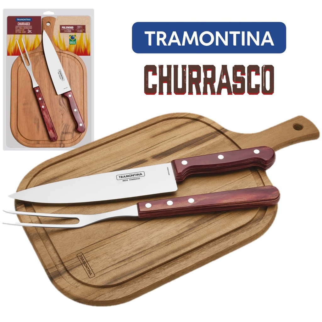 Kit para Churrasco Tramontina Tábua de Corte Garfo e Faca Aço Inox com  Cabos Madeira 3 Peças