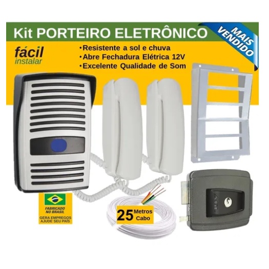 Kit Interfone Porteiro Eletrônico Capa De Aço Cabo 25m Fechadura Agl Inha Monofone 0273