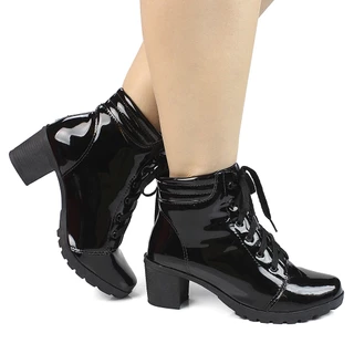 Bota Feminina Coturno Salto Grosso Médio Tratorado Preto Verniz Brilho Fashion Blogueira Yzzamelo