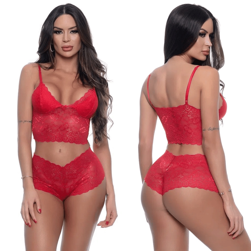 Conjunto de Lingerie Cropped e Caleçon em Renda de Poliamida Com Bojo