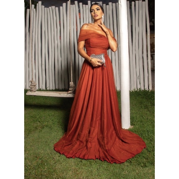 Vestido Terracota Madrinha Festa De Casamento Tecido Tule Com Brilho e Bojo 38-42