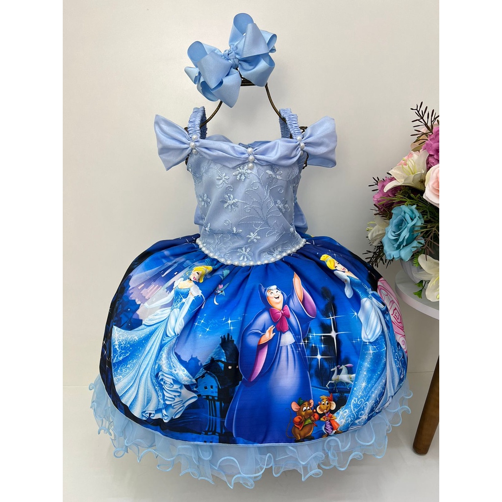 Vestido Cinderela Infantil Princesa Elegante Festa Azul Luxo