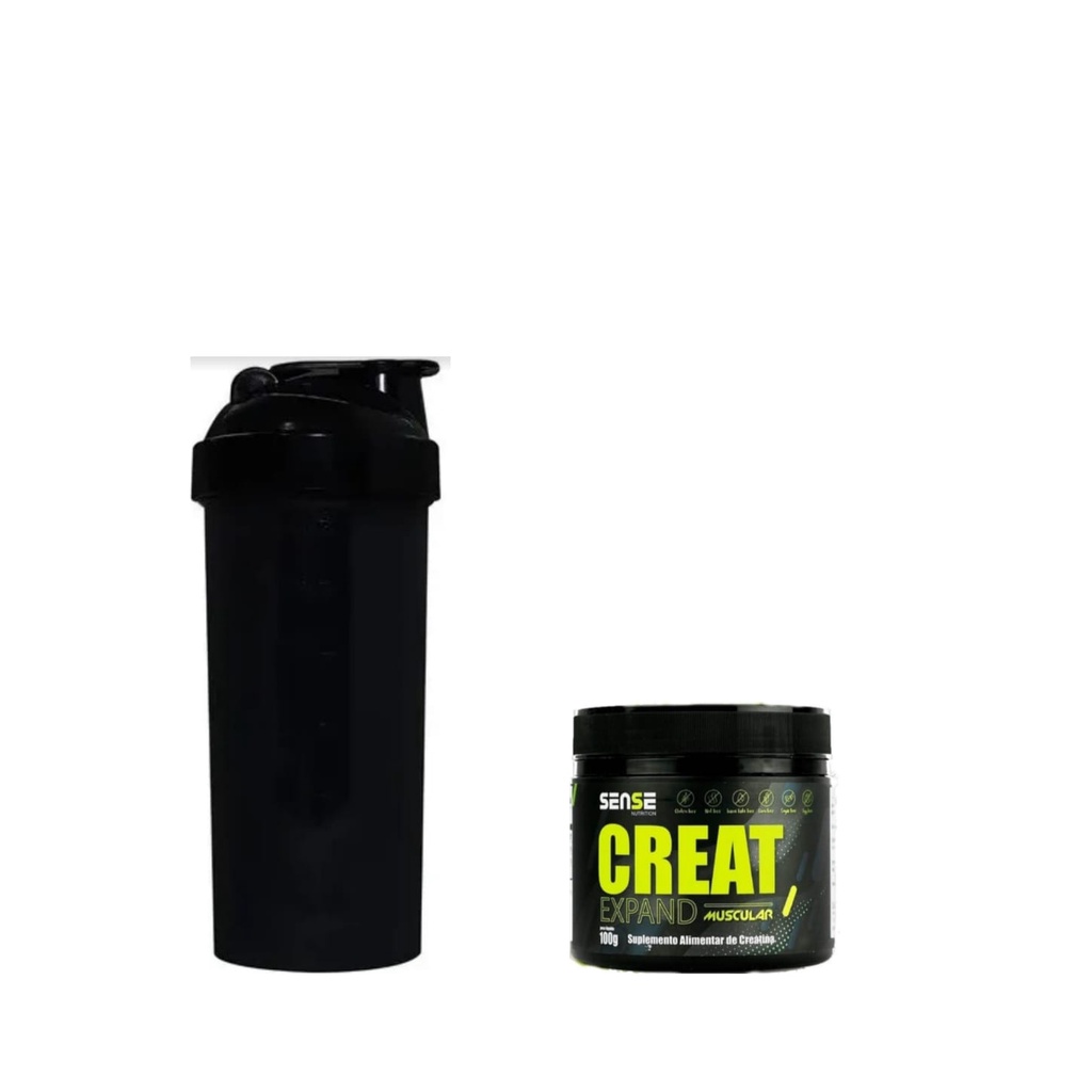 Kit Creatina em Pó Monohidratada Sense Nutrition + Coqueteleira Academia 600ml Whey Preto