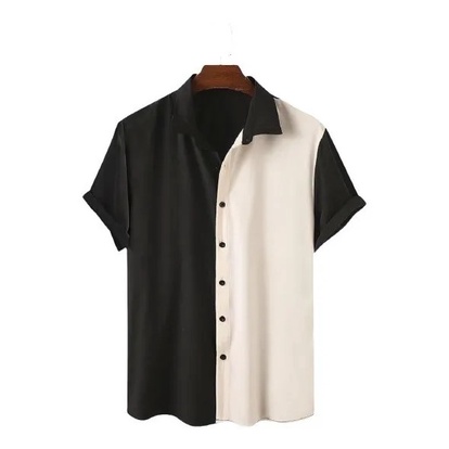 Camisa Social Slim Fit Manga Curta Viscose Metade Preta Metade Branca Tendencia Verão 2024