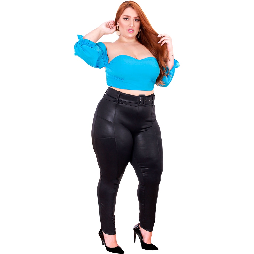 Calça Skinny Feminina Plus Size Cintura Alta Cinto Tecido Cirre Esquine ...