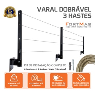 Varal De Roupa Retrátil Parede Muro Apartamento Casa 3 hastes Até 8 metros + kit de montagem
