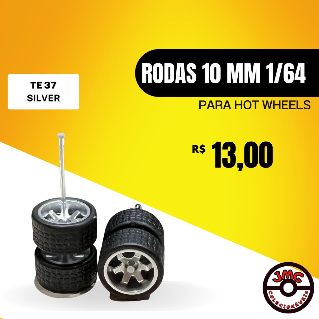 Rodas com pneu de borracha 1/64 para Hot wheels 10mm TE37 Silver