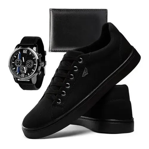 Tenis Sapatenis Masculino Com Costura Lateral Kit com Carteira e Relogio