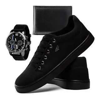 Tenis Sapatenis Masculino Com Costura Lateral Kit com Carteira e Relogio