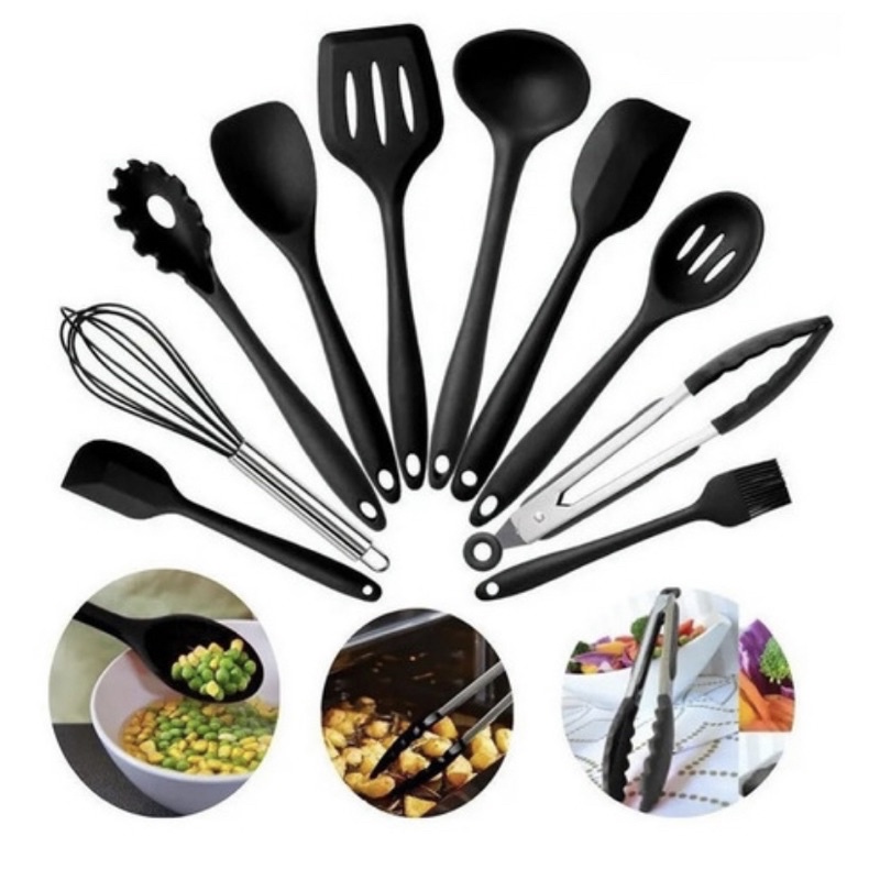 Kit talheres utensílios de silicone preto com pincel pegador de massa