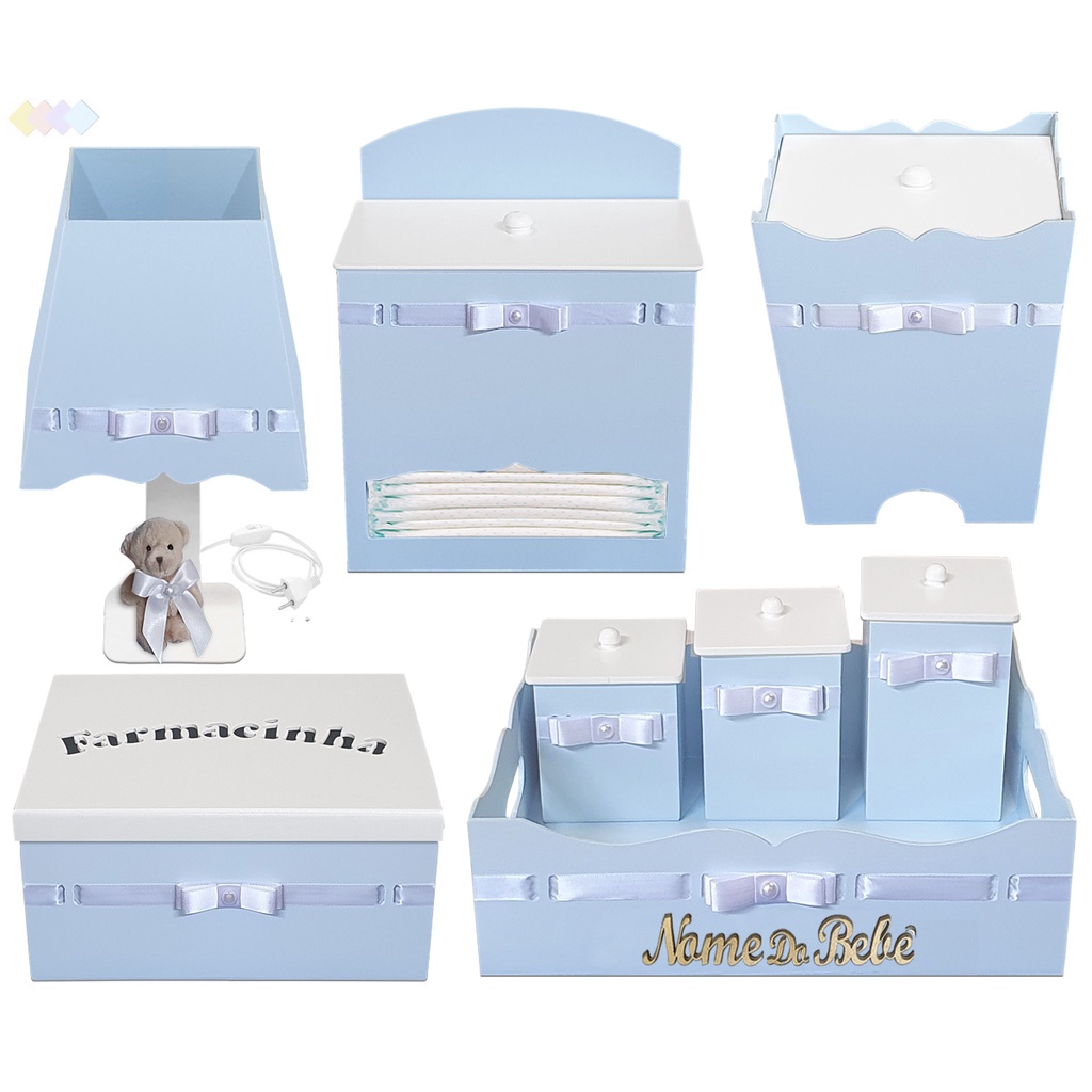 Kit Higiene Bebê Azul Bebê em MDF Azul menino Personalizado com