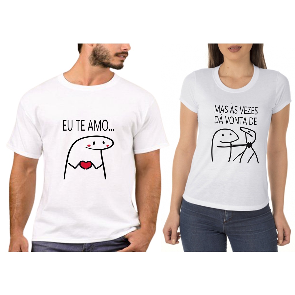 Camiseta Casal Kit Meme Palito Eu Te Amo Mas Da Vontade Plus
