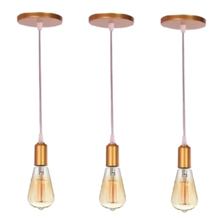 Kit 3 Pendente Lustre Luminária Retrô Fio Cabo Simples Rose Gold Industrial E27