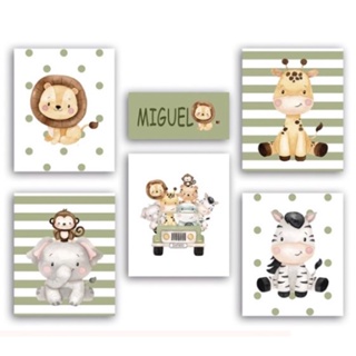 Quadros decorativos safari 6 peças com o nome do seu filho(a) para seu enxoval