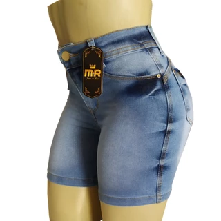 Shorts Feminino Jeans Cintura Alta Meia Coxa Com Lycra