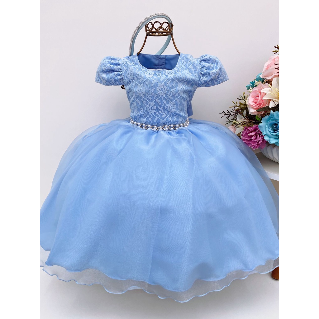 Vestido Infantil Azul Luxo Princesa Cinderela Frozen Alice