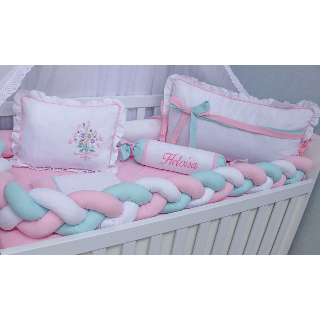 kit berço flores rosa e verde