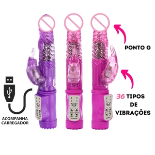 Vibrador Rotativo Recarregável Jack Rabbit Com 36 Vibrações e Estimulador VBR-ROTA B