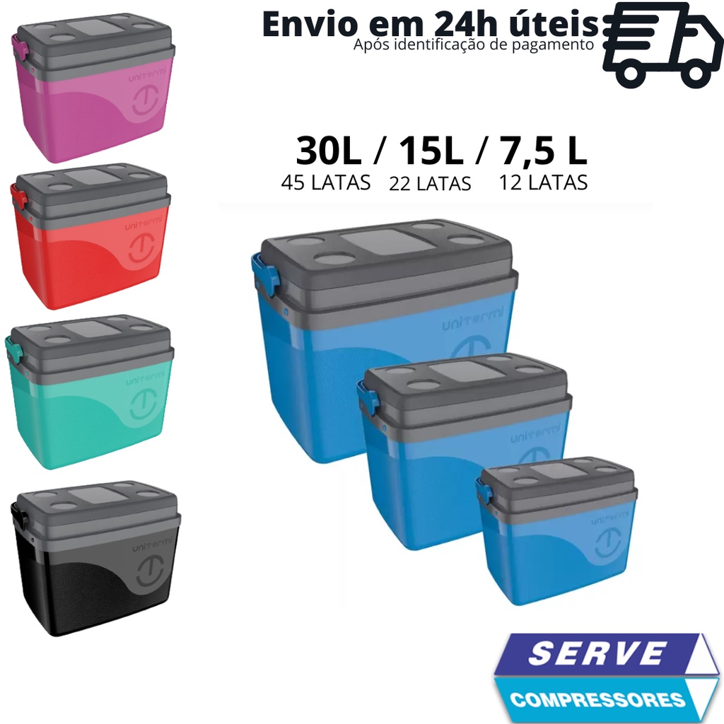 Cooler Caixa Termica Com Tampa Bandeja (7,5L / 15L / 30L) Térmica, Design Clean, Preto, Vermelho, Verde, Azul, Rosa, Formato Compacto
