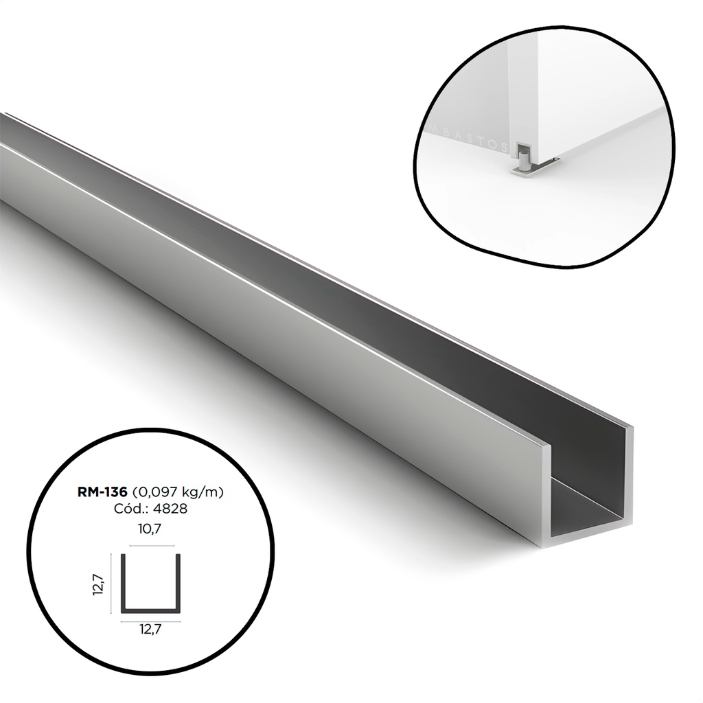 Trilho U Canaleta de Embutir para Porta de Correr RM-136 Guarda Roupa 3 Metros Rometal (Cortado em Três Barras de 1 Metro)