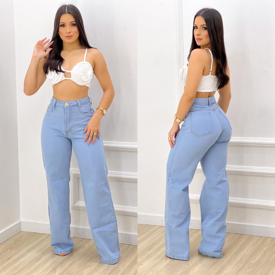 Calça Jeans Wide Leg Estilosa Destroyed Canela Ajustável Feminina Top