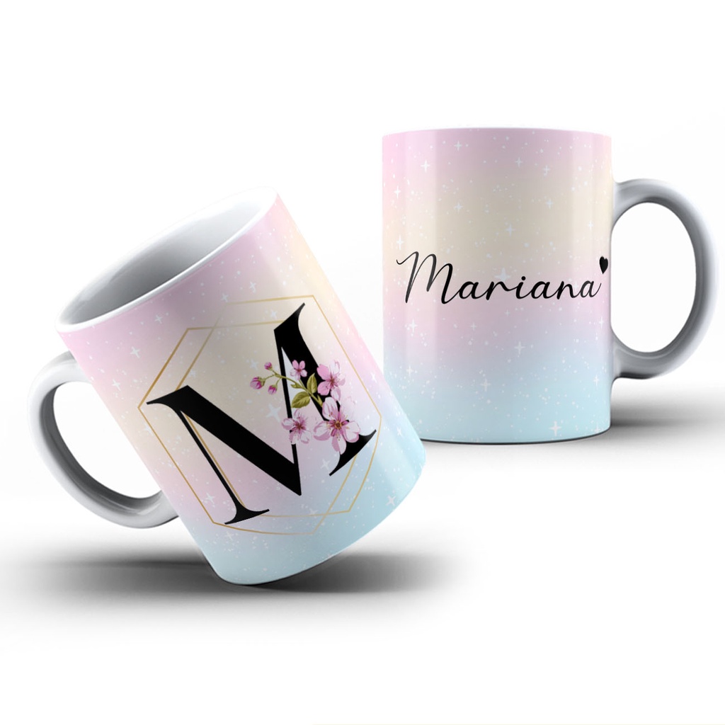 Caneca Alfabeto Floral Letra M Mariana Com Nome Cerâmica Personalizado ...