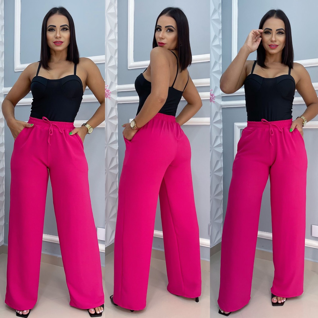 Calça Pantalona Feminina Com Elástico Na Cintura Tecido Duna Sem fenda