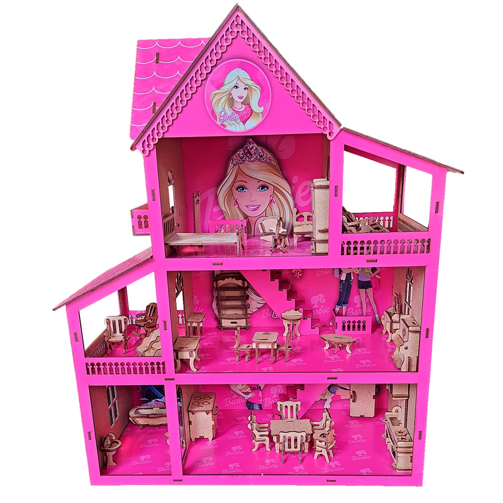 Casinha de Boneca Barbie Mdf Pintada Adesivada 53cm + 38 móveis brancos