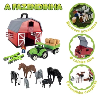 Brinquedo Fazendinha Poliplac Com Acessórios Trator E Cavalo