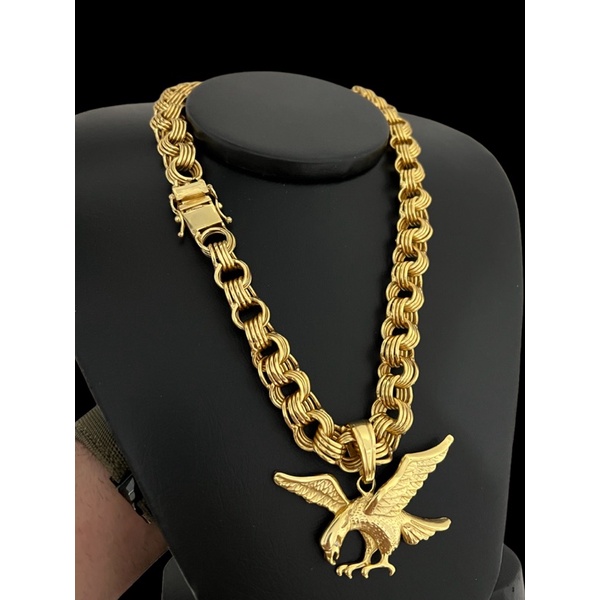Cordao friso triplo 70cm 14mm banhado a ouro 18k e pingente águia